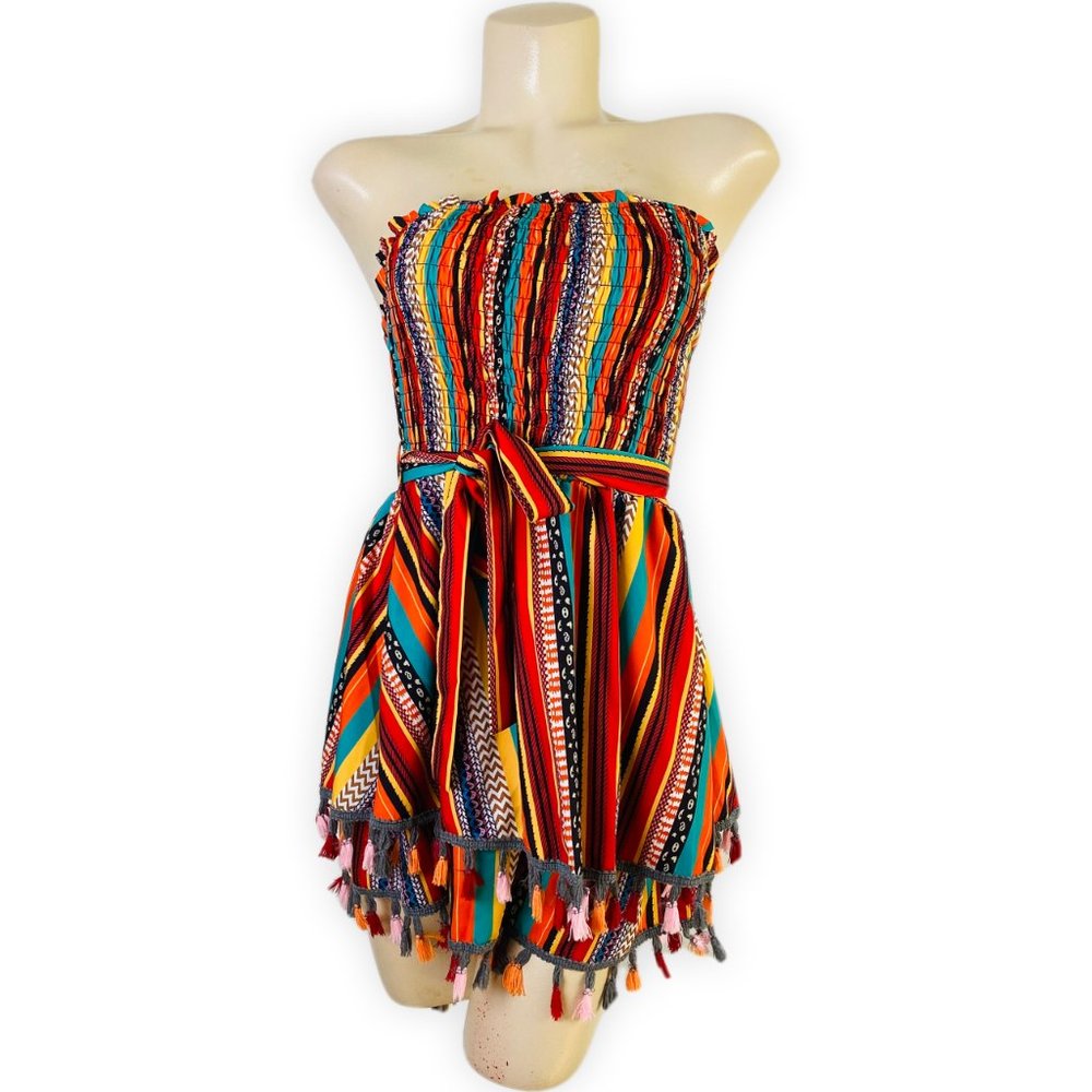 NEW Boho Strapless Romper Multicolor Tassel Trim Festival Summer Dress Size M